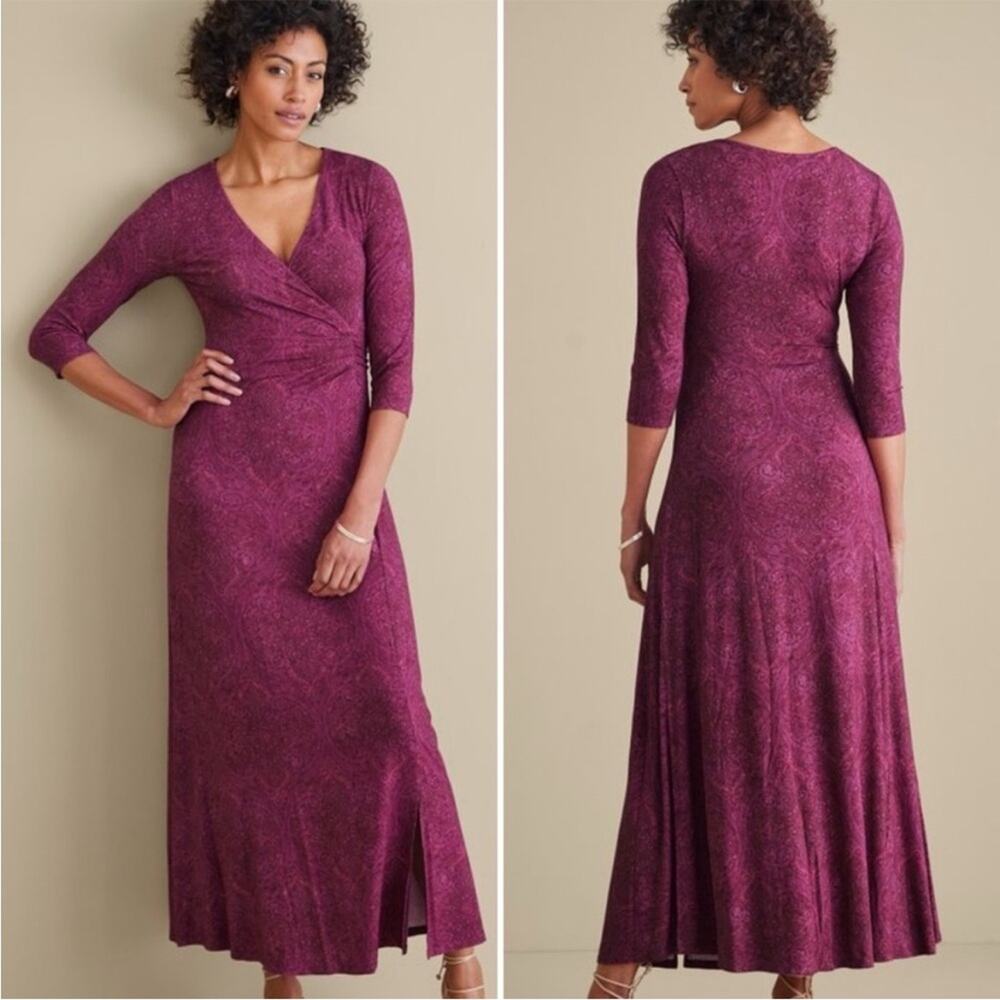 Soft Surroundings NEW Hyannis Ruched Faux Wrap Maxi Dress Purple Tapestry Print